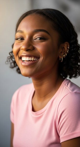 A young black woman in a pink shirt smiling #2