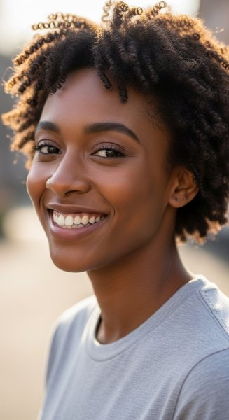 A young black woman in a grey shirt smiling #3