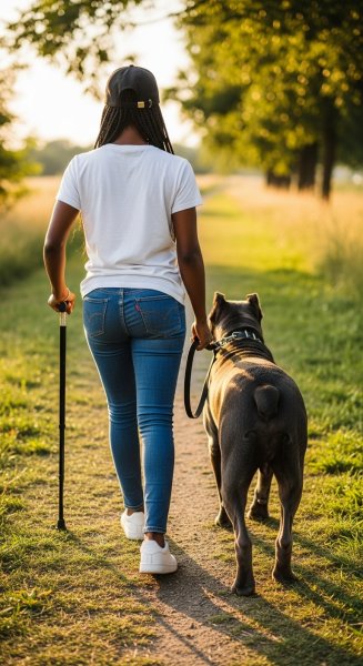 Back view of a black young lady walking with her cane corso dog #3