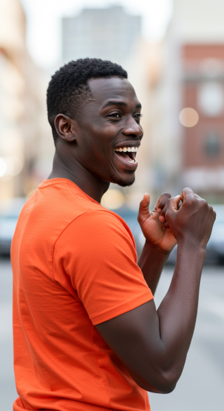 A happy black man in an orange shirt saying yes #4