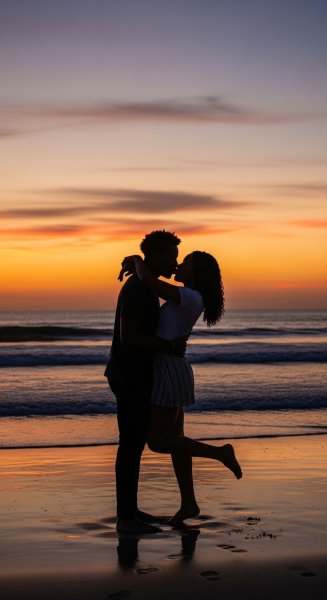 A young black man and woman kissing at the beach at dusk #2