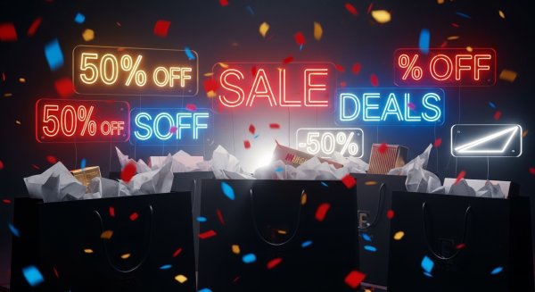 Black Friday sale with shopping bags, confetti, and neon discount signs #4