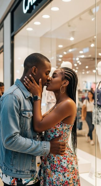 A young black man and woman kissing at the mall #4