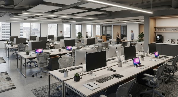 Modern open-plan office laptops on desks #1