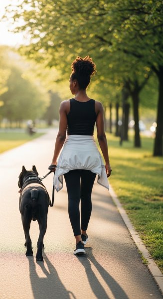 Back view of a black young lady walking with her cane corso dog #2