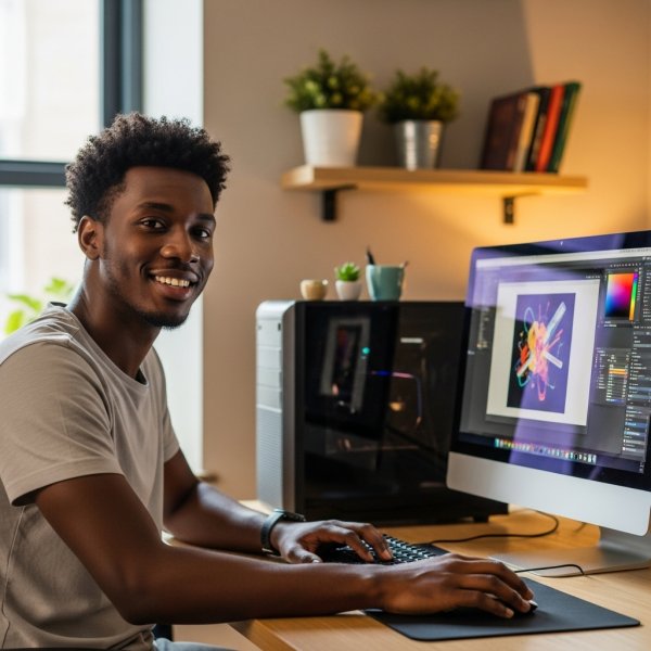 A young African man sitting behind his computer and smiling #3