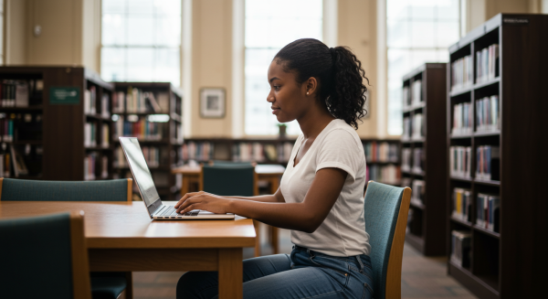 A black female student in a white shirt sitting behind a laptop in a library