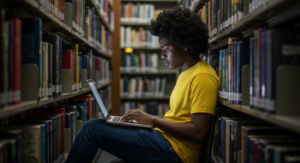 A black male student in a yellow shirt sitting behind a laptop in a library