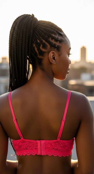 The back of a pretty black fashion lady in a pink bra. #3
