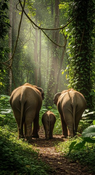 Back view of elephants in a rainforest #2