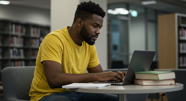 A black male student in a yellow shirt sitting behind a laptop in a library #5