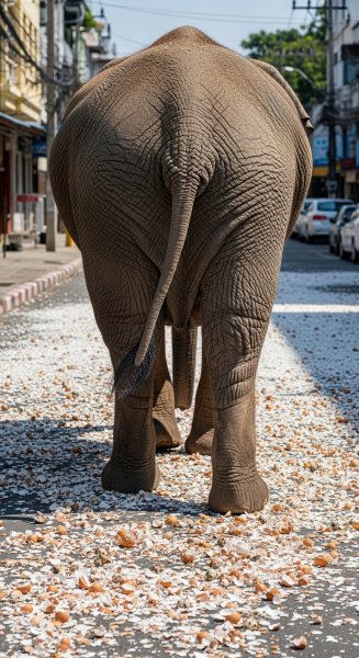 Back view of an elephant walking on eggshells on the street in daylight #4