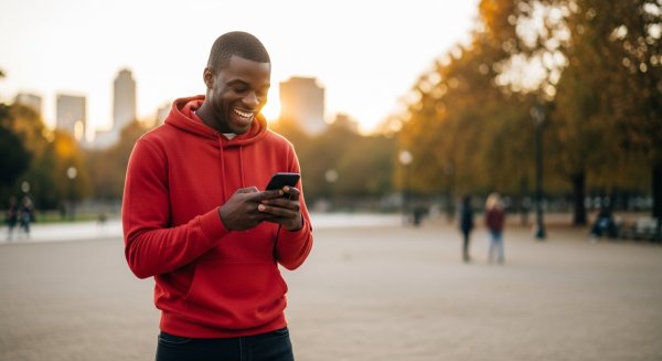 A young black man in a red hoodie, looking very happy with his phone #2