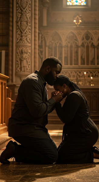 A black man and a black woman on their knees, praying #3