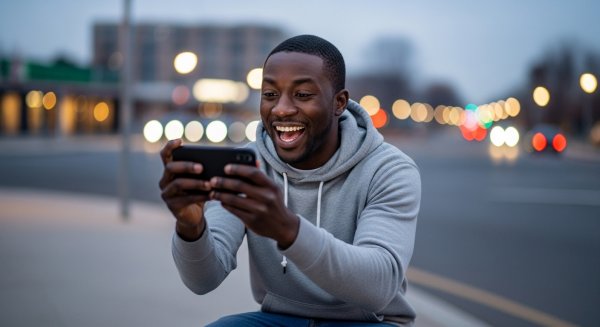 A black man holding his phone and feeling excited #4