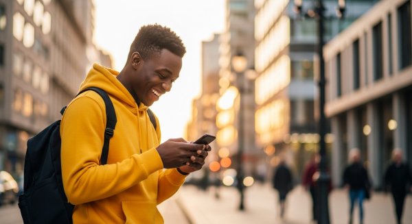 A young black man in a yellow hoodie, looking very happy with his phone #1