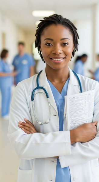 A happy African female doctor with a stethoscope #1