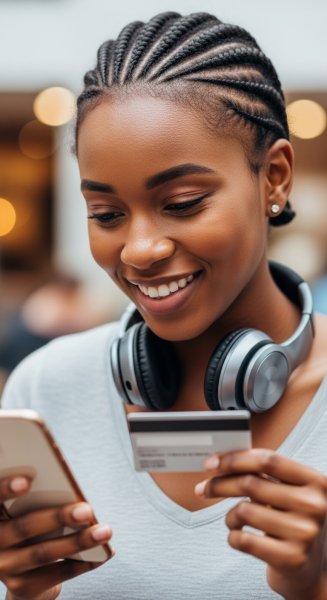 A young, pretty African lady looking down on her phone with a card and headset #3
