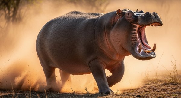 A hippo charging forward with dust around #2