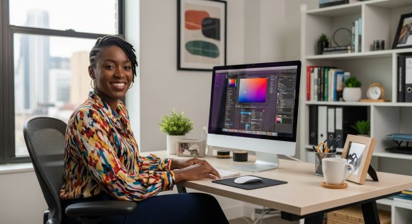 A happy black woman sitting in her office with her PC #2