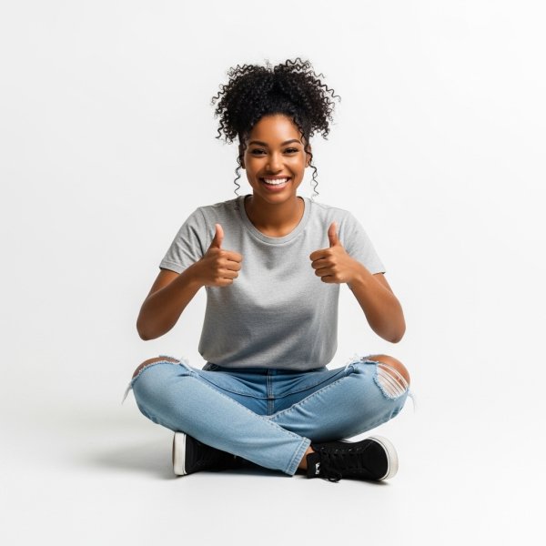 A black woman sitting cross-legged, smiling and giving thumbs up in a casual outfit #1
