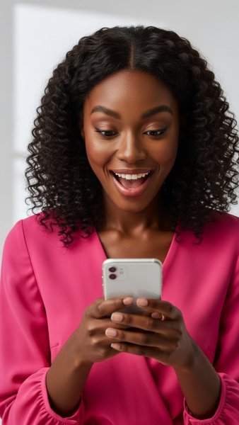 A young black, pretty woman in pink, looking at her smartphone with a shocked, happy expression #4