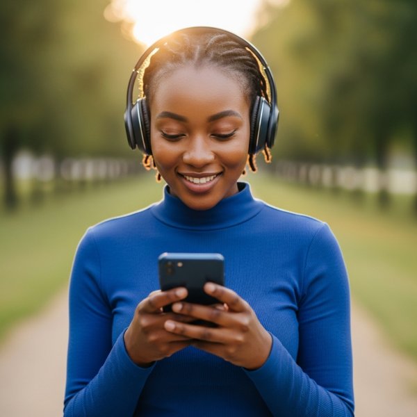 A young, pretty African lady in blue, looking down at her phone with a headset and smiling #1
