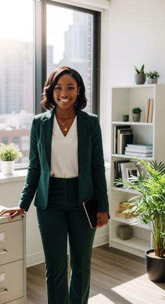 A pretty black lady in a green professional attire #2