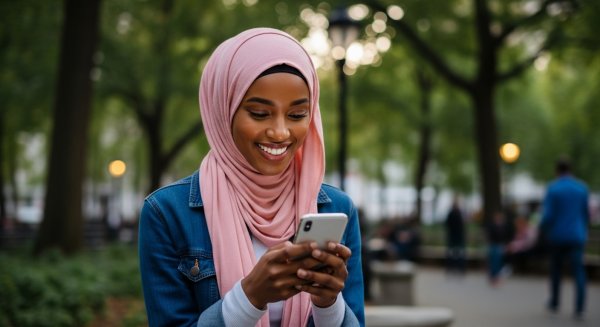 A black Muslim lady with a pink hijab looking on her phone #1