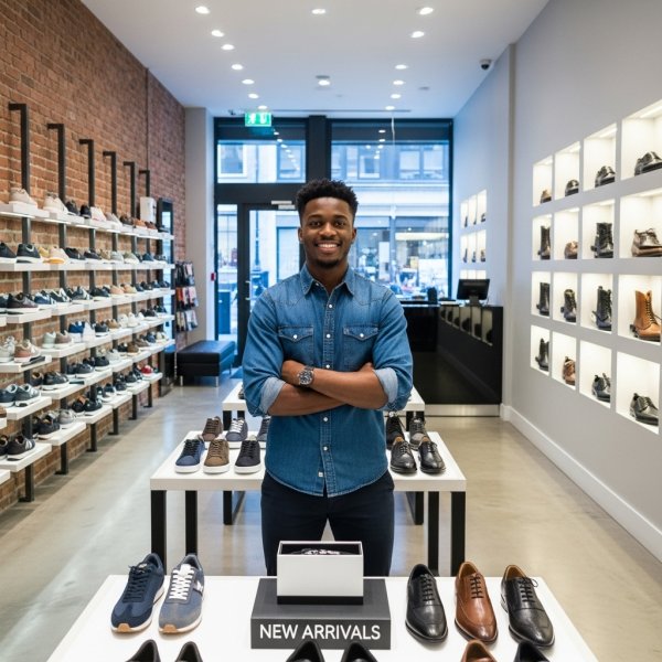 A black young man standing in his shoe shop and smiling #2