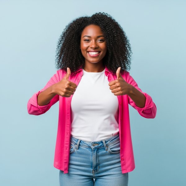 A cheerful young black pretty woman in a pink shirt, smiling confidently and giving two thumbs up #4