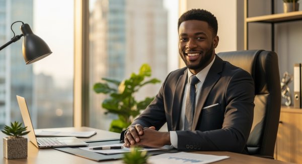 A happy young black man in professional attire in his office #2