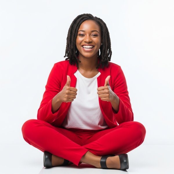 A black woman sitting cross-legged, smiling and giving thumbs up in a professional red outfit #4