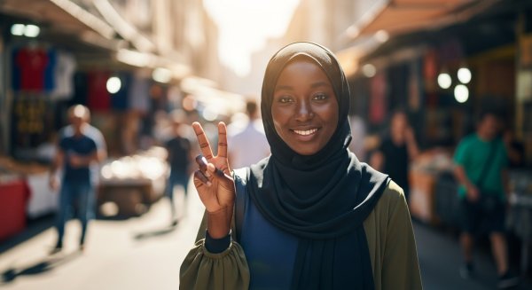 A black Muslim lady with a black hijab hoding 2 fingers up #1