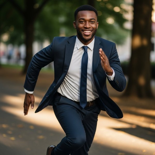 A black businessman in a suite, running and smiling #2