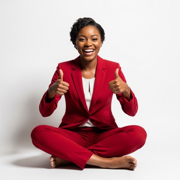 A black woman sitting cross-legged, smiling and giving thumbs up in a professional red outfit #2