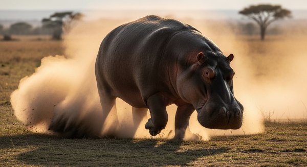 A hippo charging forward with dust around #1