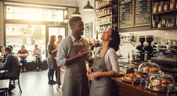 A young black man and woman looking happy, standing in their coffee shop #1
