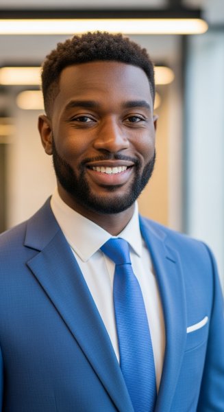 A black man dressed in blue professional attire and smiling #1