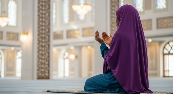 A black Muslim lady with a purple hijab praying #2