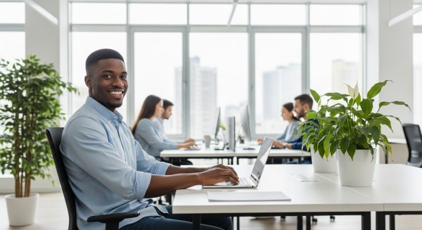 A young black man in an office space, looking happy while sitting at his desk #4