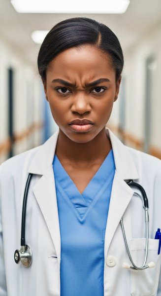 A young, pretty black doctor with an angry face #2