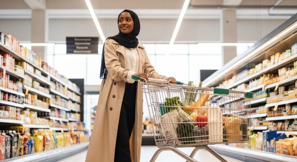 A black Muslim lady with a black hijab out shopping with a cart #2