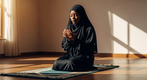 A black Muslim lady with a black hijab praying #1