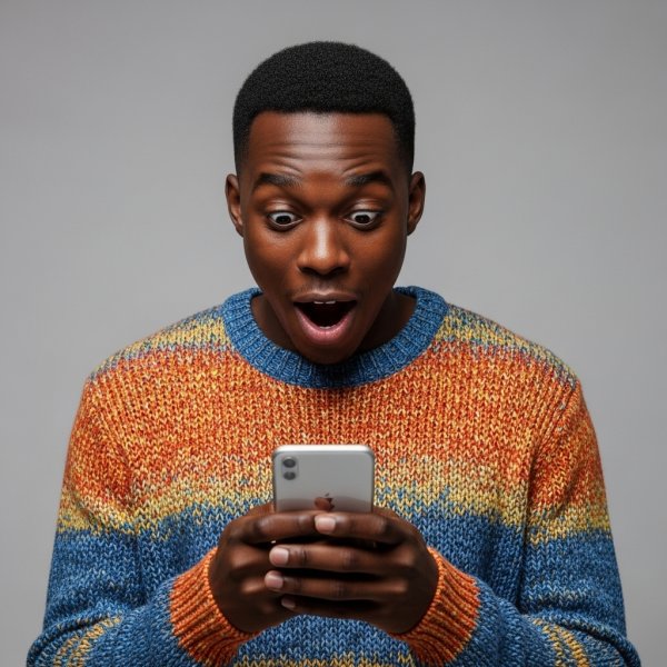 A young black man wearing a bright sweater, looking at his smartphone with a shocked, happy expression #1