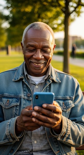 An old black man looking on his phone and smiling #4