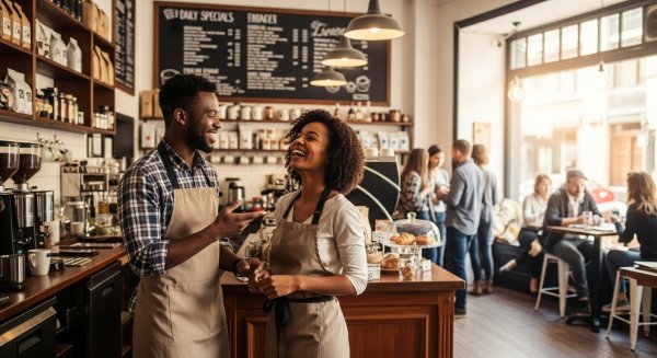 A young black man and woman looking happy, standing in their coffee shop #4