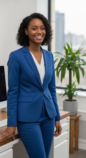 A pretty black lady in a blue professional attire #1