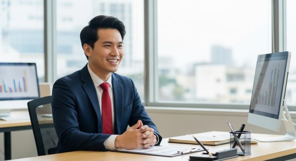 A happy young Asian man in professional attire in his office #2