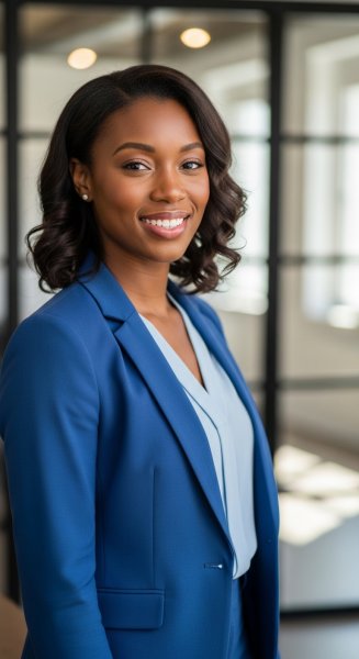 A black woman dressed in blue professional attire #1